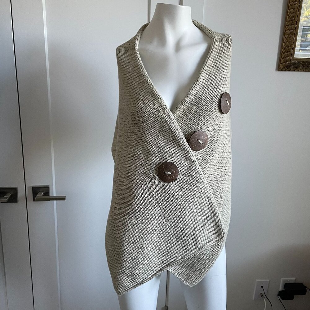 Pure Handknit Cozy Stylish 100% Cotton 3 Button Boho Knit Shawl/Wrap Khaki Cream